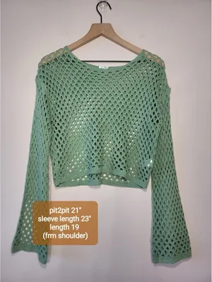 En Crème Sage Open-Knit Bell Sleeve Crop Top Fairy Y2K L thumbnail 3