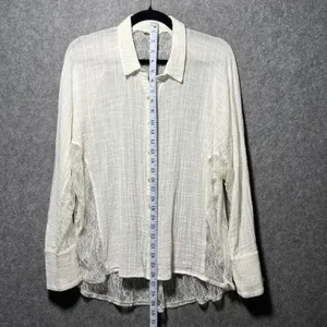 Hem &‎ Thread Ivory Lace Panel Gauze Button Down Shirt Large Boho Romantic Sheer thumbnail 4