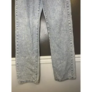 Jeans Womens M Blue Acid Wash High Rise Pearl Beaded Straight Denim Pants thumbnail 3