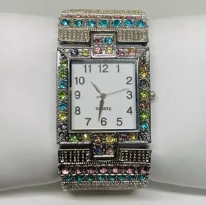 Silver tone colorful crystal women watch 32mm quartz analog elastic band running thumbnail 1