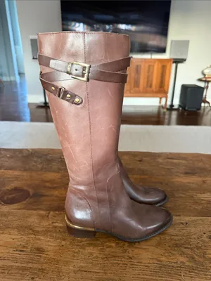 Franco Sarto Brown Leather Gold Hardware Celeste Riding Boots Size 5.5 thumbnail 5