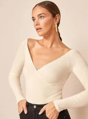 Reformation Minnie Ivory V-Neck Wrapped Knit Long Sleeve Ribbed Sweater Top XS thumbnail 1