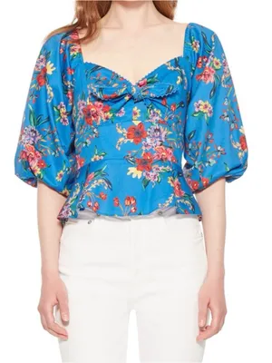 Parker Iggy Blue Floral Peplum Puff Sleeve Tie Front Blouse Size Small thumbnail 11