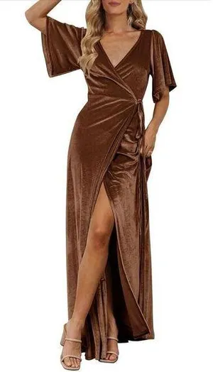 NEW MEROKEETY V Neck Wrap Velvet Maxi Dress Bridesmaid M thumbnail 1