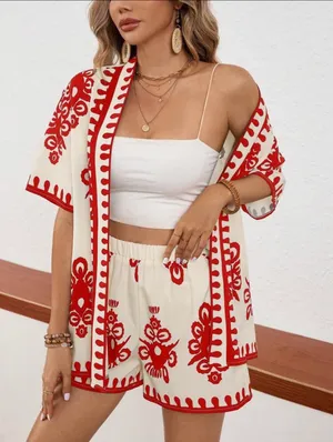 Cream And Red Printed Two-Piece Lounge Set thumbnail 7