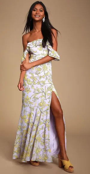 Lulus Adelaide Lavender Floral Print Off-the-Shoulder Maxi Dress Medium thumbnail 1