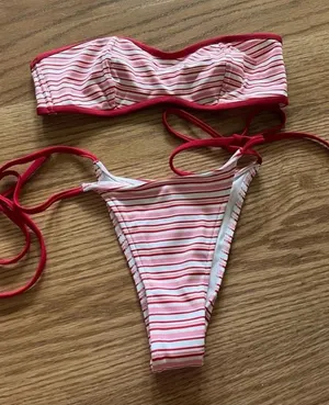 Frankie's Bikinis Striped Red and White Bandeau Bikini Set thumbnail 1