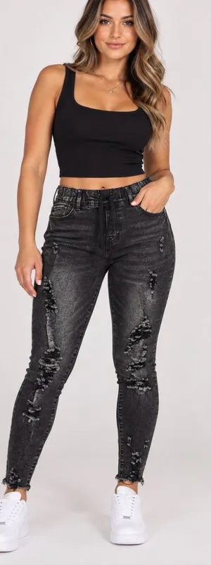 High-Rise Distressed Skinny Jeans in Washed Black thumbnail 1