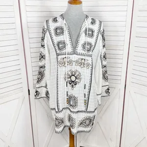 Zara Boho Embroidered Textured Cotton Tunic Shift Mini Dress White Tan Black XS‎ thumbnail 2