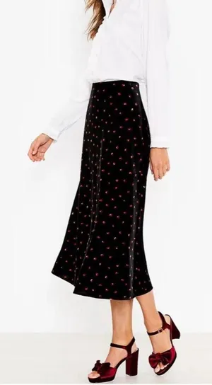 LOFT Black Midi Skirt with Red Polka Floral Dot thumbnail 1