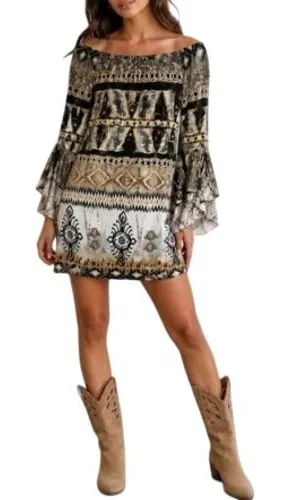 Parker Mini‎ Dress XS Black Gray Tan Gold Abstract Stretch Bell Sleeve Boho Chic thumbnail 1