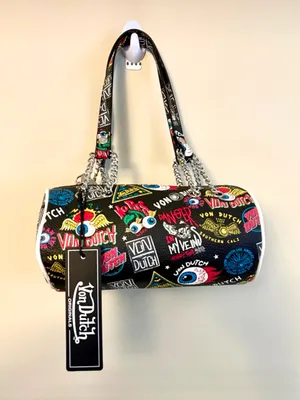 Von Dutch Black Graphic Barrel Crossbody Bag with Multicolor Patches thumbnail 1