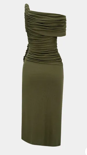 Cream Asymmetrical Shoulder Ruched Twist Maxi Dress thumbnail 2