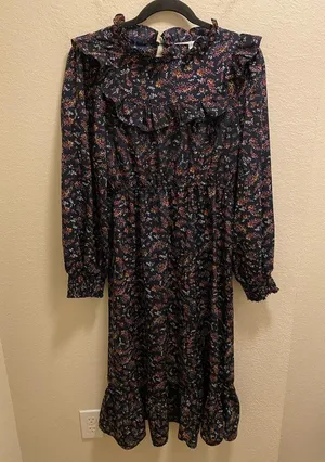 Bohme Modest Long Sleeve Smocked Floral Ruffle Midi Dress Size M thumbnail 2