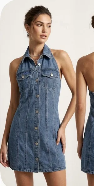 House of Harlow 1960 Women’s Denim Halter Mini Dress Backless Y2K Blue Size S thumbnail 1