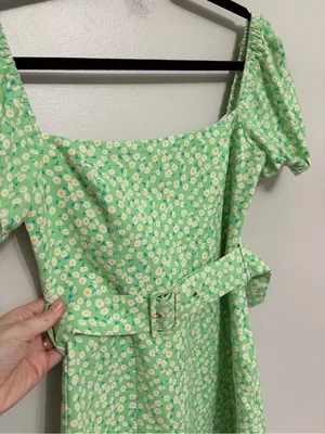 Zara Linen Blend Puff Sleeve Mini Dress in Light Green Floral Daisy Print Size S thumbnail 9