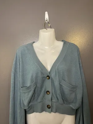 Urban Outfitters Cardigan Sweater Womens Large Green Knit Cropped Pockets thumbnail 1