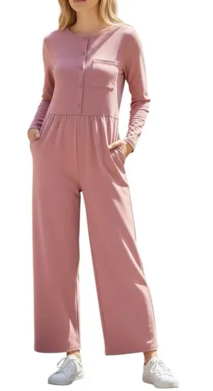 Halara Waffle Knit Jumpsuit M Pink Wide Leg Stretch Pockets Pull On thumbnail 1