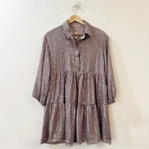 Anthropologie Maeve Bettina Mini Shirt Dress in Sparkly Silver Sequins Size XS‎ thumbnail 3