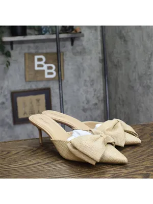 NWT On 34th Alaynaa Pointed-Toe Bow Mule Pumps 10022665500 Natural Brown 10M thumbnail 6