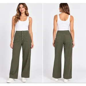 Halara Olive Green Wide Leg Pull On Dress Pants Large Patch Pockets Casual SOFT thumbnail 2