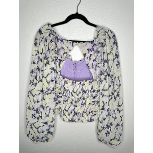 Free People Floral Ruched Blouse Womens Medium Long Sleeve Lace Up Smocked Back thumbnail 6