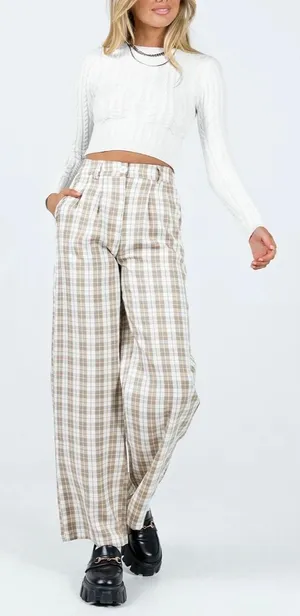Princess Polly Archer‎ Plaid Wide Leg Trousers Pants Beige Tan Cream Women Sz 4 thumbnail 1