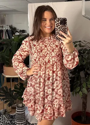 Free People These Dreams Red Floral Print Pleated Mini Dress in Tea Combo thumbnail 1