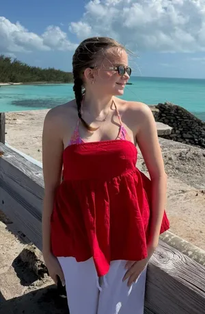 red flowy tube top thumbnail 1
