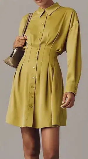 Exquise by Anthropologie Tobie Olive Green Button-Front Long-Sleeve Dress XS A thumbnail 1