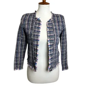 IRO Paris Multi Color Tweed Fringe Collarless Zip Pocket Jacket Blue Pink 36 4 thumbnail 9