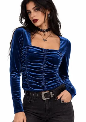 Love Fire Ruched Square Neck Solid Velvet Crop Top Blue Goth Aesthetic Size L thumbnail 1