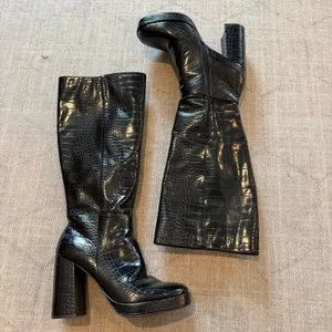 River Island Y2K Black Croc Platform Knee High Boots 10 thumbnail 2