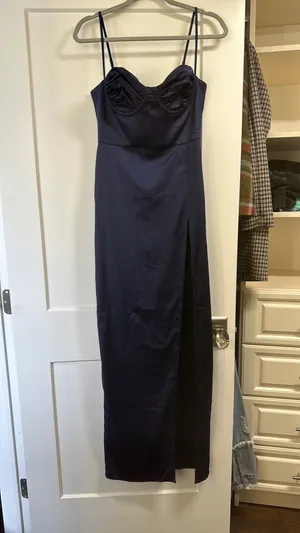 Babyboo Navy Blue Satin Maxi Dress With Front Slit thumbnail 2