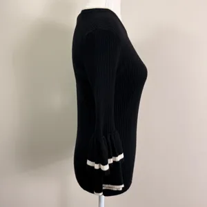 FRAME Black Wool Blend Rib Tiered Ruffle Bell Sleeve Striped Trim Sweater Small thumbnail 2