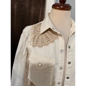 Pilcro Anthropologie XS Shirt Crochet Lace Patchwork‎ Denim Cream Puff Sleeve thumbnail 10