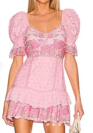 Pink Eyelet Lace Floral Mini Dress Coquette Cottagecore Babydoll S thumbnail 1