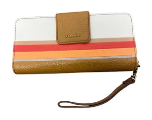 Fossil Colorblock Stripe Zip Around Wristlet Wallet Tan White Orange thumbnail 1