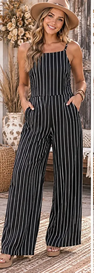 Moa Moa Black & White Vertical-Stripe Wide-Leg Jumpsuit thumbnail 1