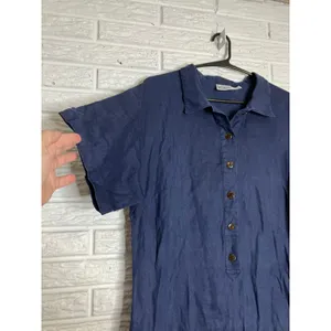 Kiko‎ Maxi Dress Women Medium Navy Blue Excellent Linen Short Sleeve Slit Pocket thumbnail 2