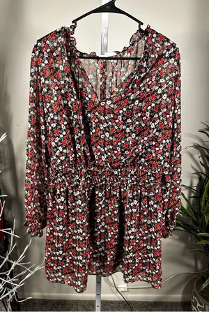 Socialite N180 Black Floral Dress with stretchable waist and Red & White Flowers thumbnail 1