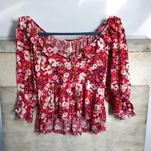 Free‎ People Womens Blouse Size S Sweet Memories 3/4 Sleeve Orange & Pink Floral thumbnail 4