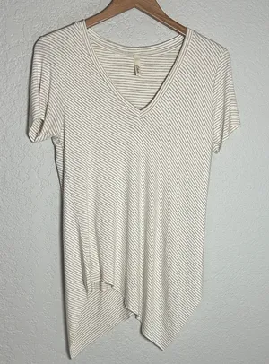 Elan Cream Striped V Neck Short Sleeve Tee Double Layer Soft Asymmetrical Top thumbnail 1