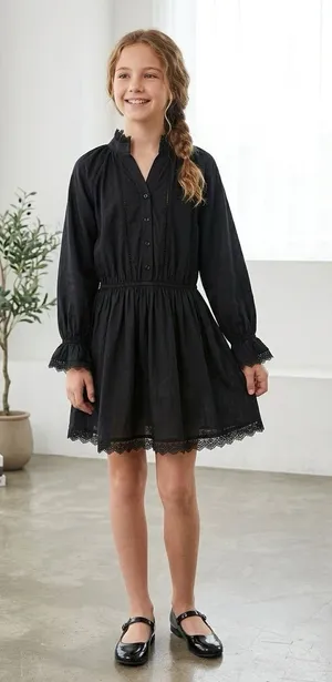 Girls' Black Long-Sleeve Lace-Trim Smocked Waist Dress Size12 100%Organic cotton thumbnail 1