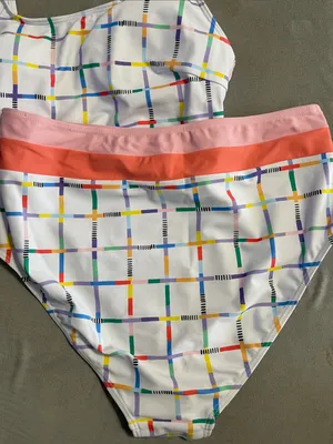 High-Waist Plaid Bikini Scoop Neck Pink Band Patchwork Wire Free Wide Strap L thumbnail 11
