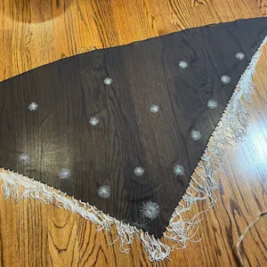 1990s Vintage Black Sheer Starburst Embroidered Fringe Shawl Wrap Beach Skirt thumbnail 1