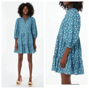 Hyacinth House Blue Floral Tiered Mini Dress Ruffle Neck 3/4 Puff Sleeve Small‎ thumbnail 2