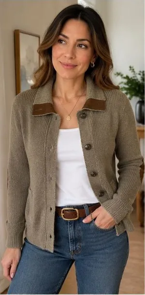 LRL Ralph Lauren Women Petite P Brown Cotton Knit Cardigan Suede Elbow Patches thumbnail 1