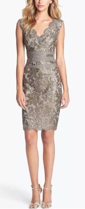 Tadashi Shoji Smoked Pearl Gray Paillette Sequin Lace Sheath Dress Size 2 thumbnail 1