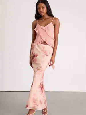 Lulu's Blush Pink Floral Satin Maxi Skirt thumbnail 2